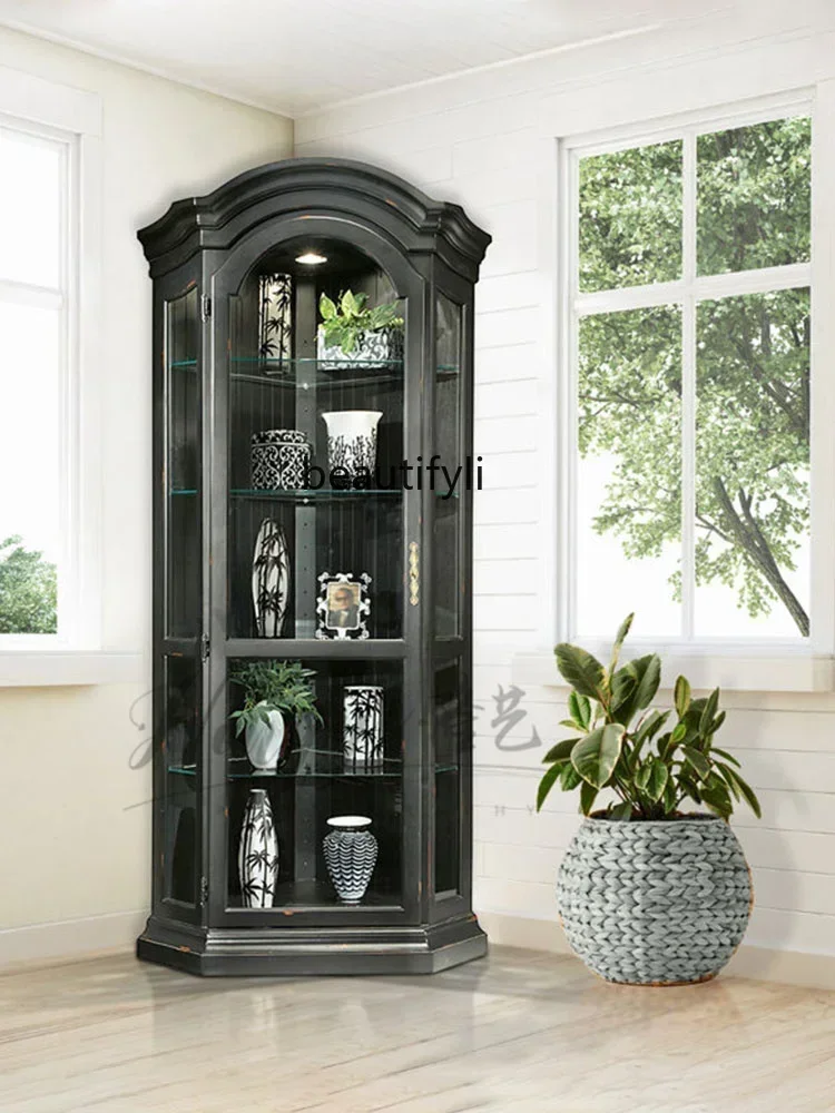 

D96 H French Solid Wood Vintage Wine Cabinet Living Room Corner Glass Cabinet American Storage Sideboard Cabinet