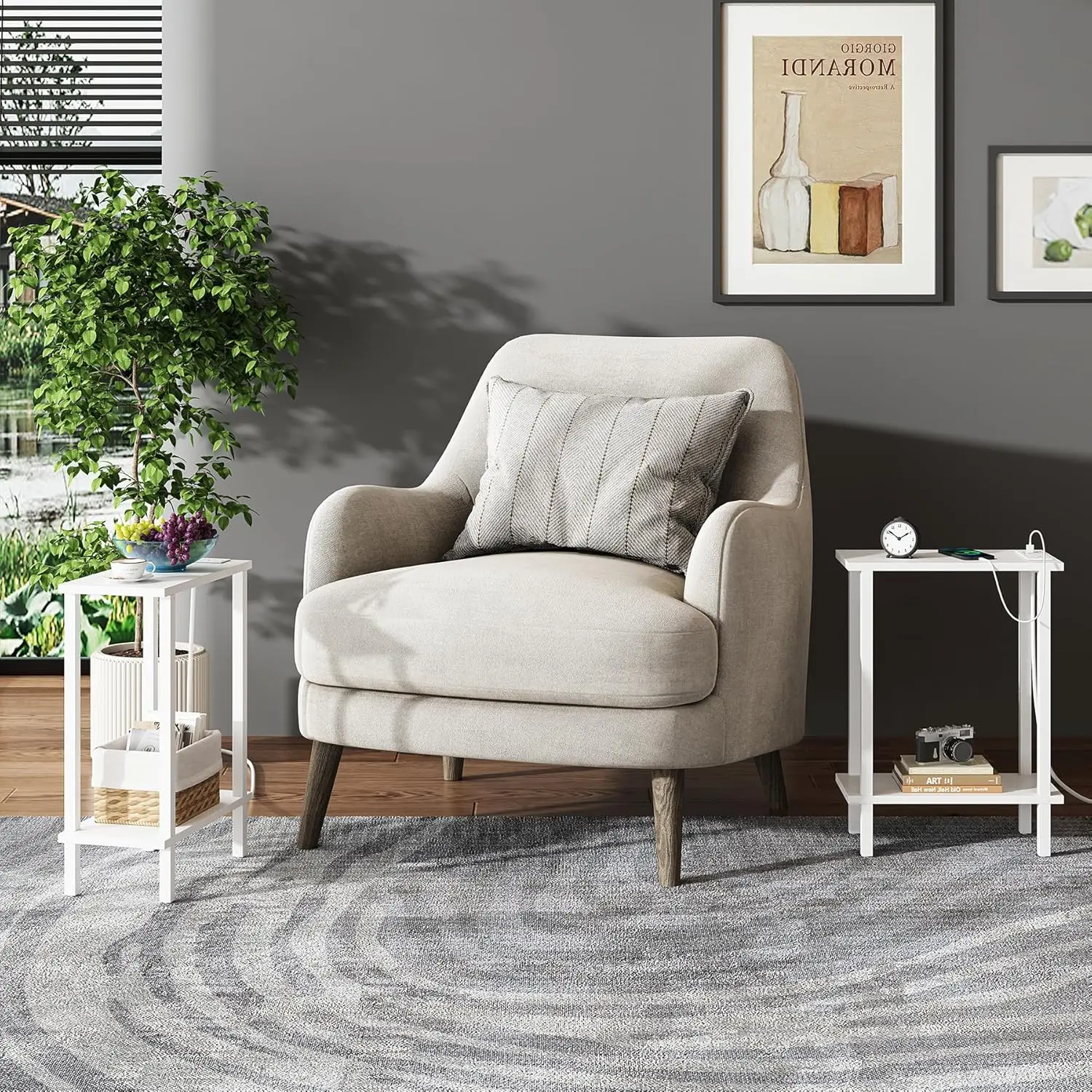 Small End Table with Charging Station, Narrow Side Table with USB Ports and Outlets, Set of 2, Skinny Sofa Table, Slim Nights