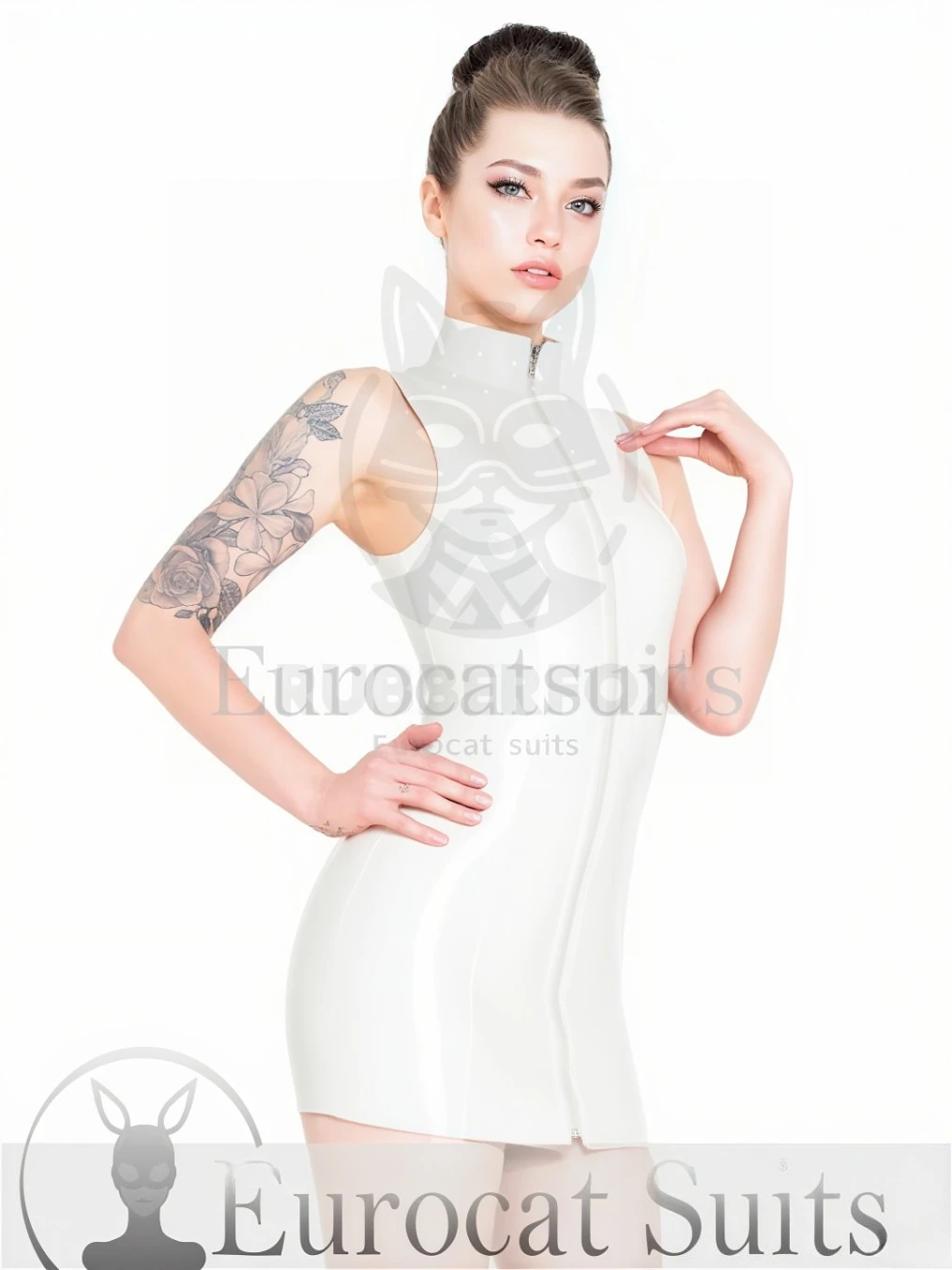 

rubber eurocat women's white latex sleeveless dress with front zipper high neck mini dress club party handmade customized