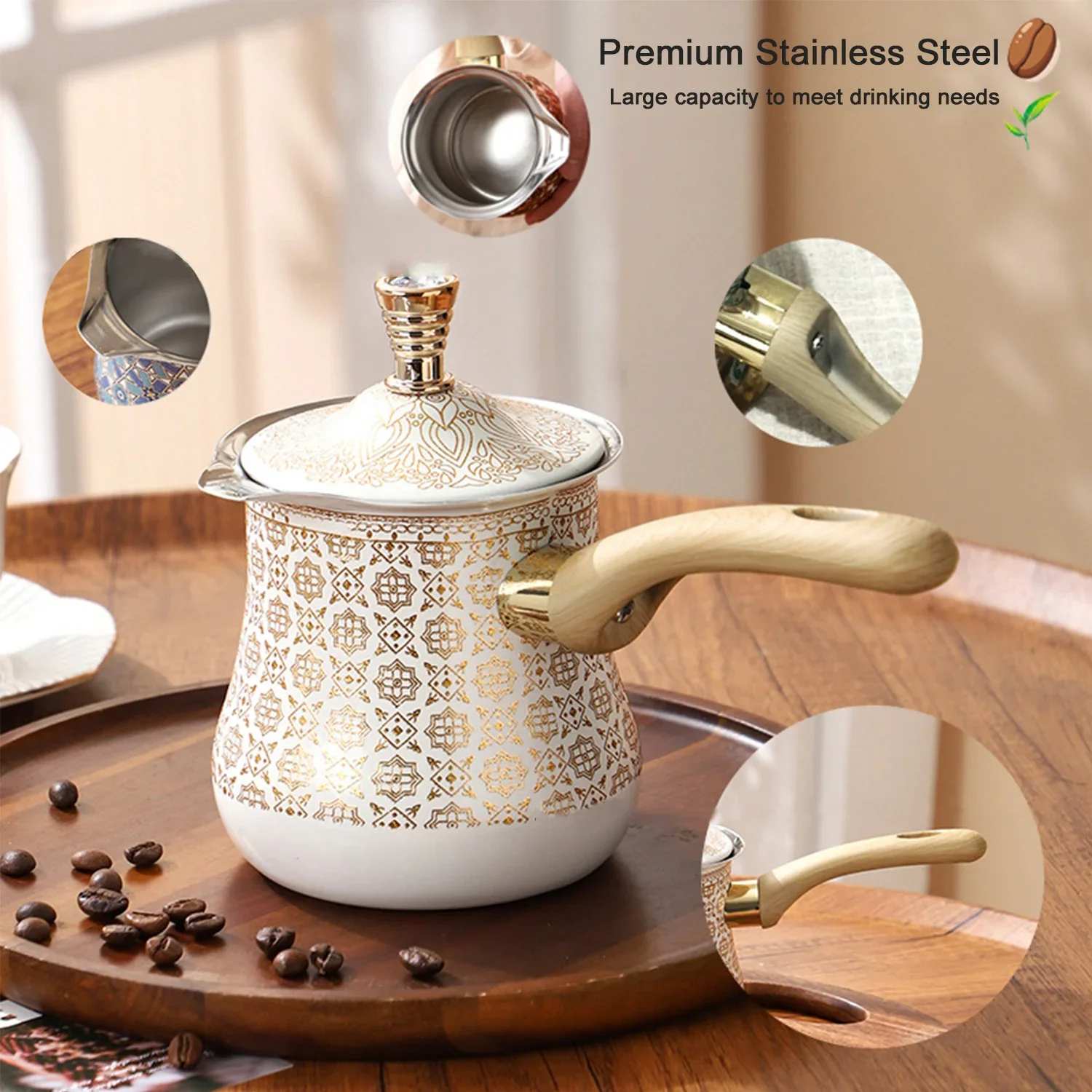 550/720/900ml Stainless Steel Turkish Coffee Pot with Lid, Corrosion-resistant Boiling Pot, Heat-proof Wooden Handle, Multi-fun