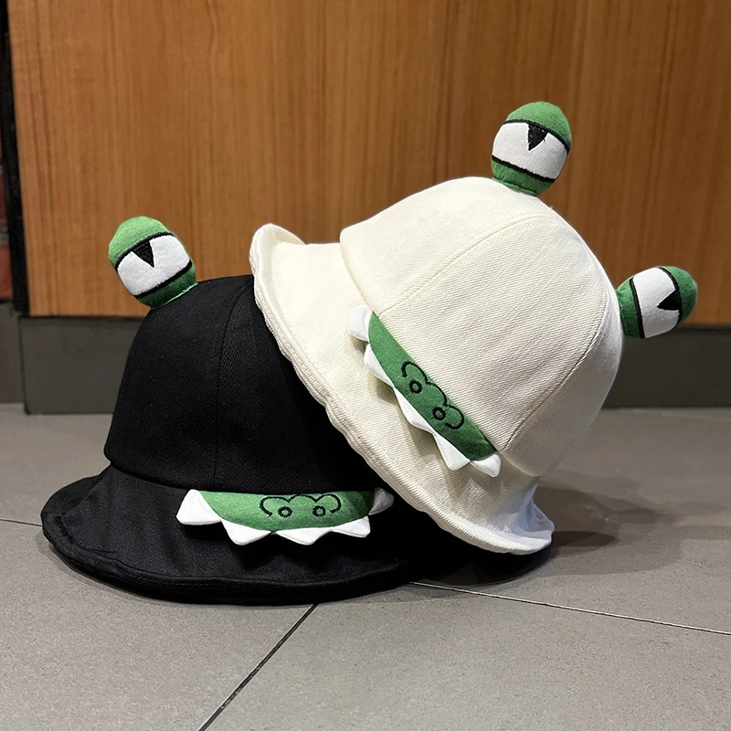 New Funny Frog Design Bucket Cap Teenager Summer Outing Sunshade Fisherman Hat Unisex Wide Brim Sun Hat Cute Cartoon Visor Cap
