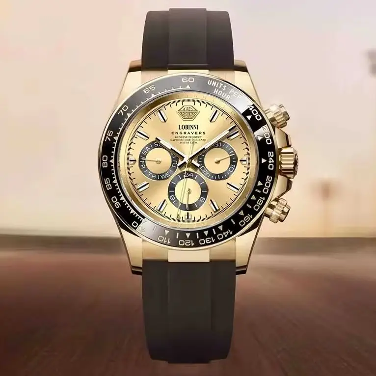 LOBINNI Men Automatic Watch Business 40mm Mechanical Wristwatch Waterproof Sapphire Mirror Luminous Week Date 24 Hours Gold