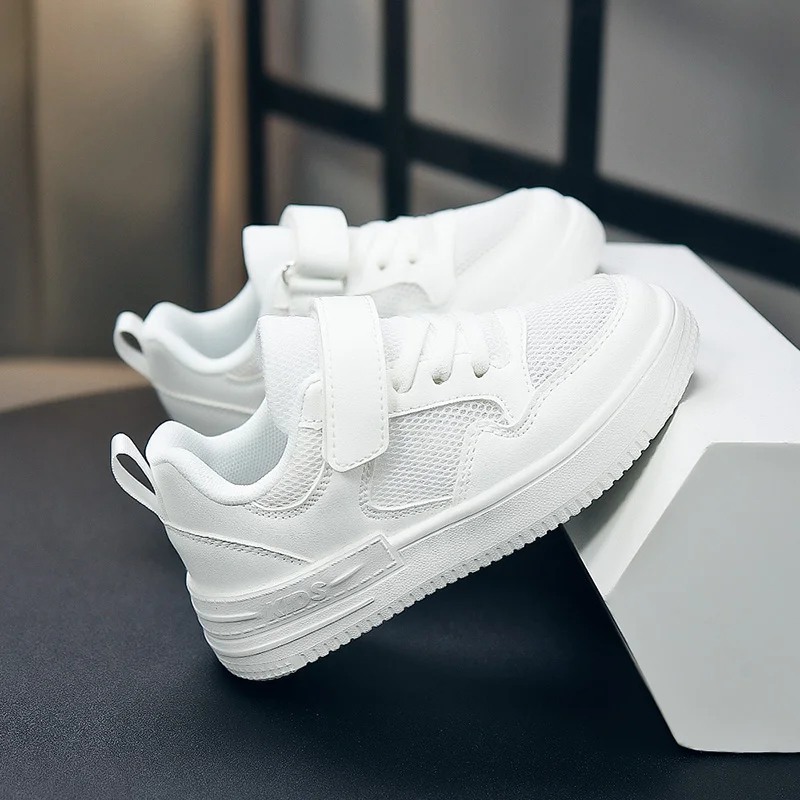 A pair of kids minimalist pure white versatile casual sneakers, textured layered sole, comfy student footwear CF-2401-W