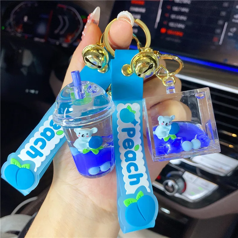 Creative In Oil Koala Coffee Frappuccino Quicksand Bottle Keychain Female Cute Pendant Floating Blue Peach Cloud Sequin Keyring