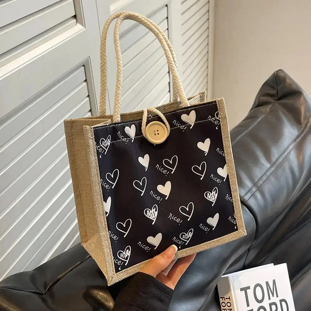 Portable Zipper Flower Linen Bag Large Capacity Button Love Heart Tote Bag Lunch Bag Gift Bag Linen Handbag Beach