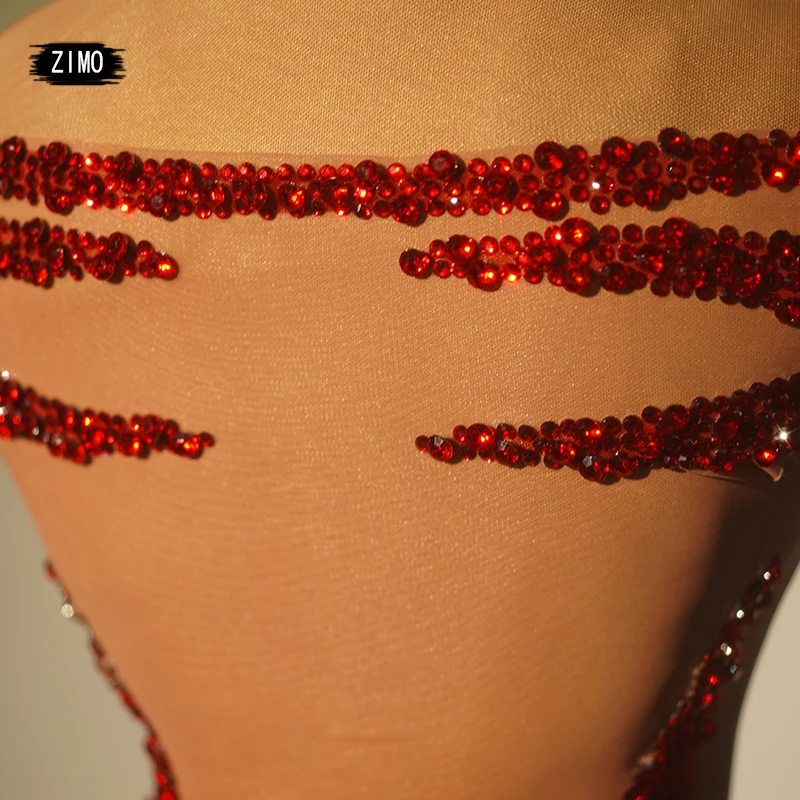 Sparkly Red Rhinestones Sexy Mesh Dress Women See Through Club Prom Wedding Gown Stage Wear Birthday Party Drag Queen Costumes