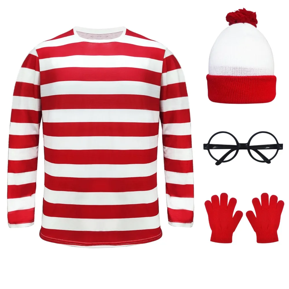 Anime Where's Wally Cosplay Costume Kids Red White Striped Tops Hat Eyeglass Gloves Wally Role Play Children Suit Halloween