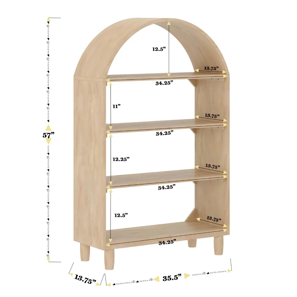 Kids Open-Style Engineered Wood Bookshelf with 4 Shelves and Covered Rounded Top