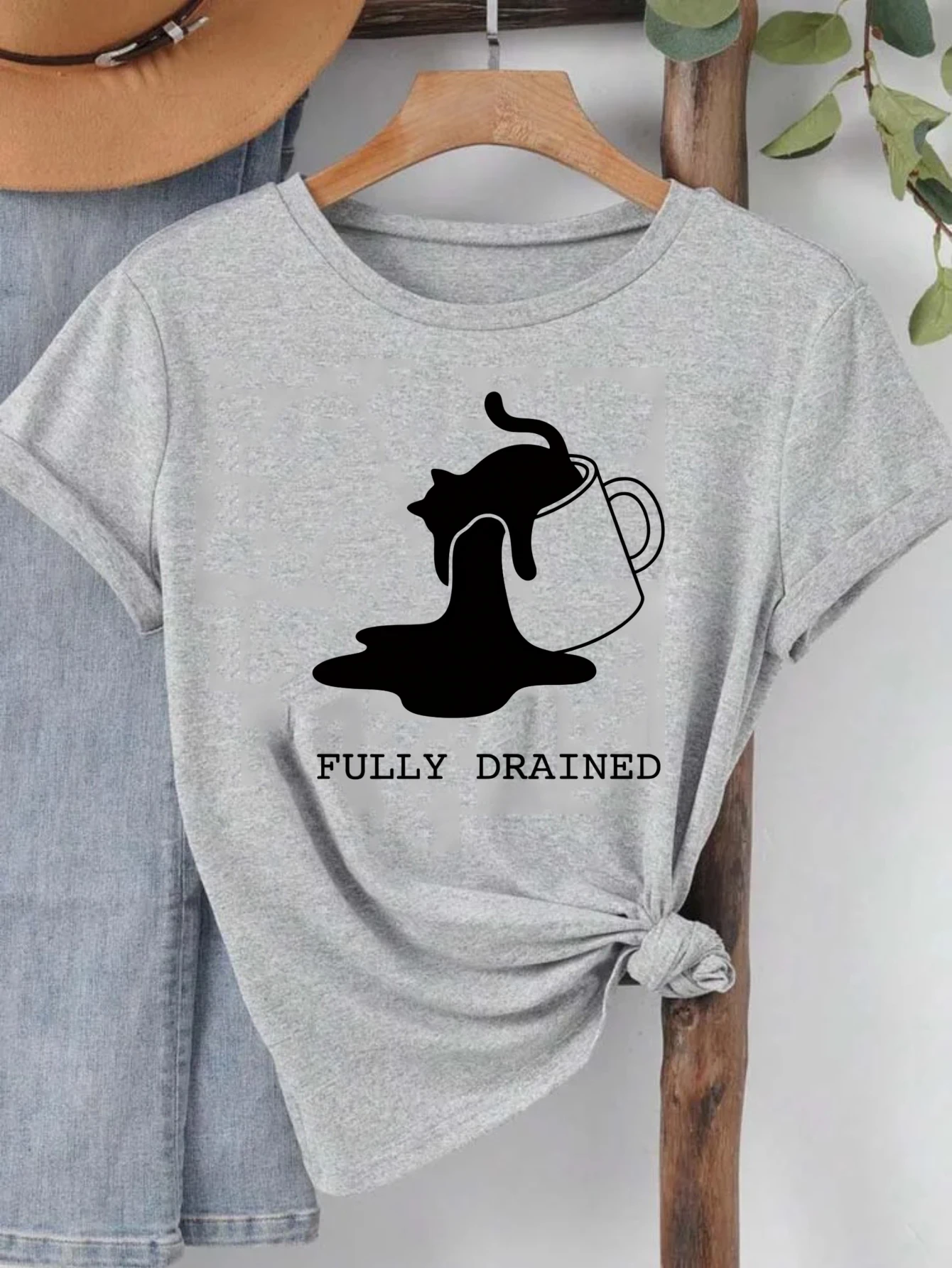 Unisex Fully Drained Cat Coffee Graphic T Shirt Minimalist Black Cat Spilled Coffee Cup Print Short Sleeve Tee Casual Streetwear