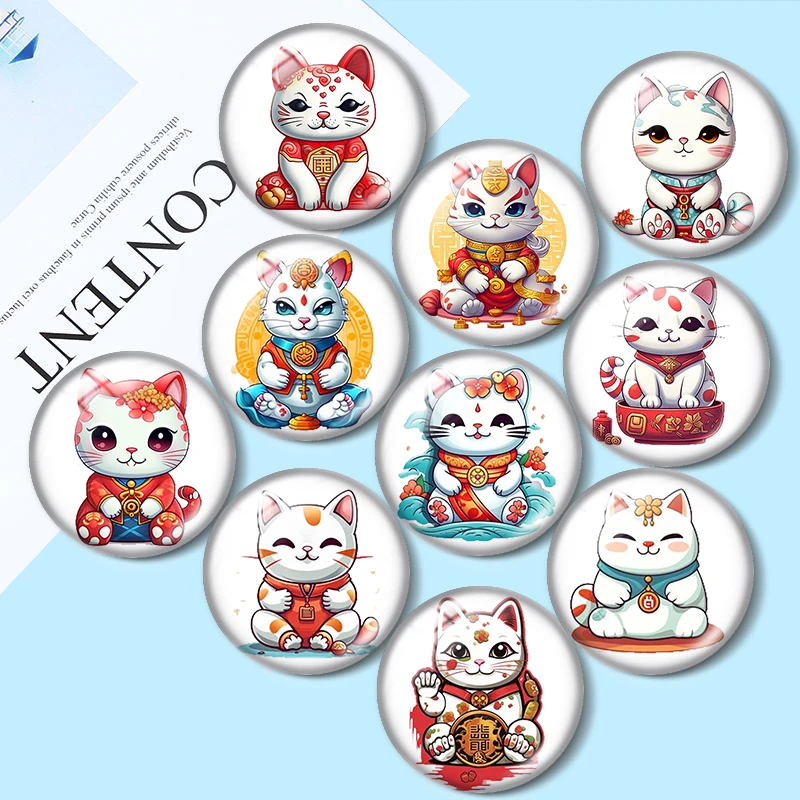 Japanese Lucky Cat 10pcs 12mm/18mm/20mm/25mm Round photo glass cabochon demo flat back Making findings