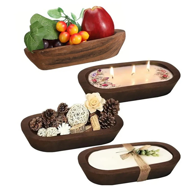 Wooden Dough Bowls For Decor Candle Tray Decorative Bowl Home Decor Oblong Fruit Bowl For Kitchen Counter Rustic Carved