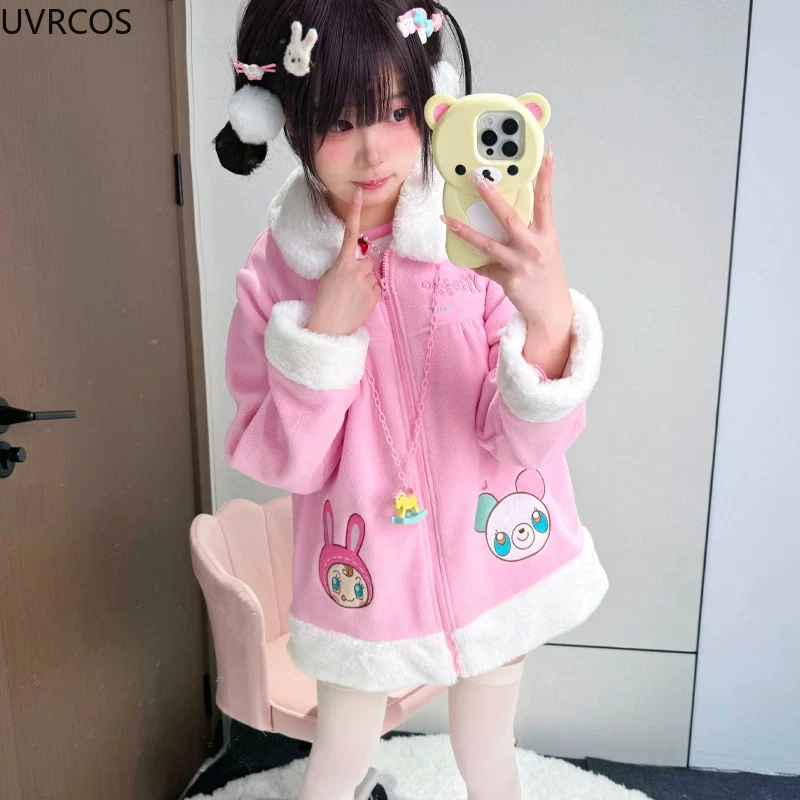 Winter Lolita Style Women Sweet Wool Jackets Japanese Y2k Aesthetic Plush Turn Down Collar Coats Kawaii Cartoon Embroidery Tops