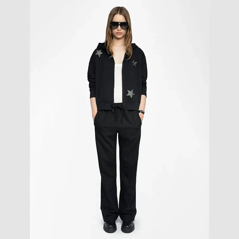 25 가을 겨울 신상 프렌치 니치 별 가득한 스티커 자수 핫 다이아몬드 여성 벨벳 지퍼 후드 재킷