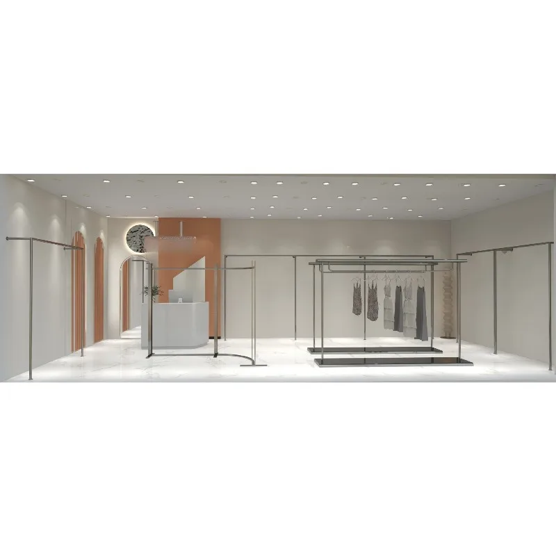 

and women's clothing store shelves Hanging hangers Stainless steel middle island racks High-end side hanging display racks