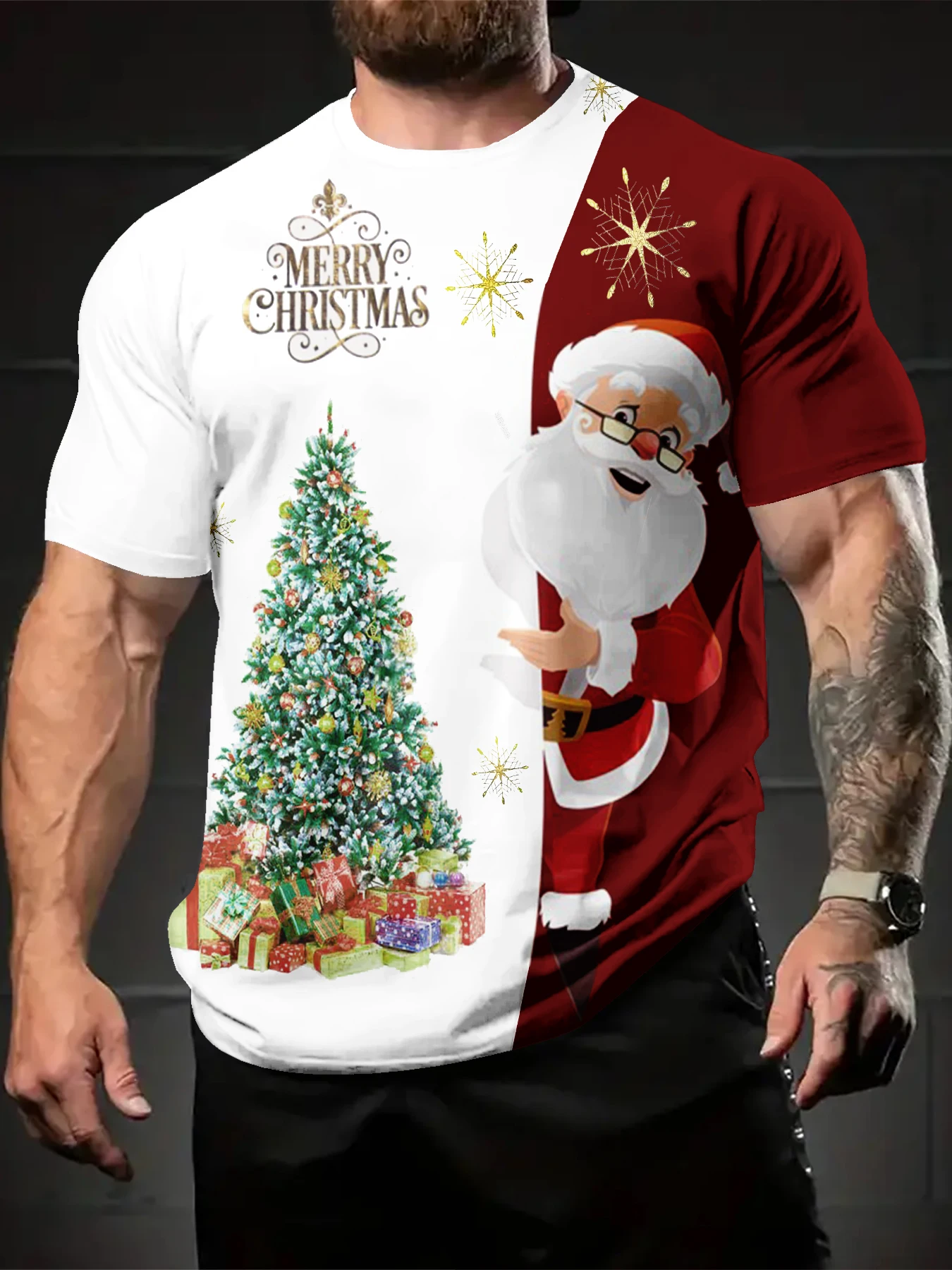 Casual Men Holiday Split Color Santa Tree Gift Graphic Printed Short Sleeve Top