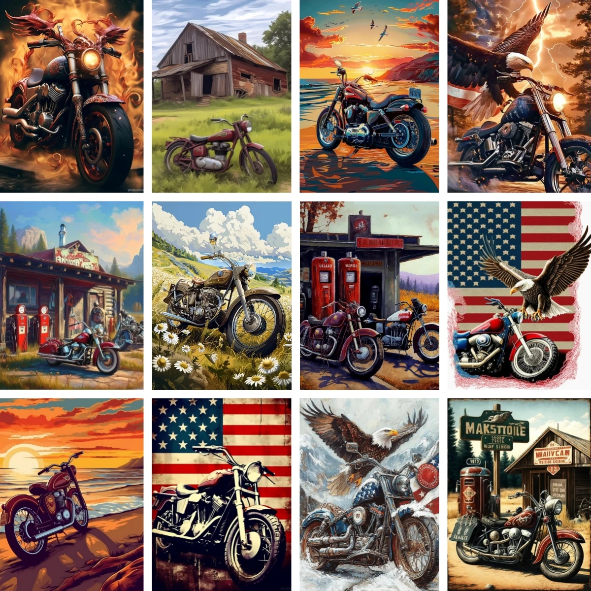 DIY Full Square Diamond Painting Kit Vintage Motorcycle Gas Station Cross Stitch Embroidery Mosaic Gifts for Motorbike Lovers