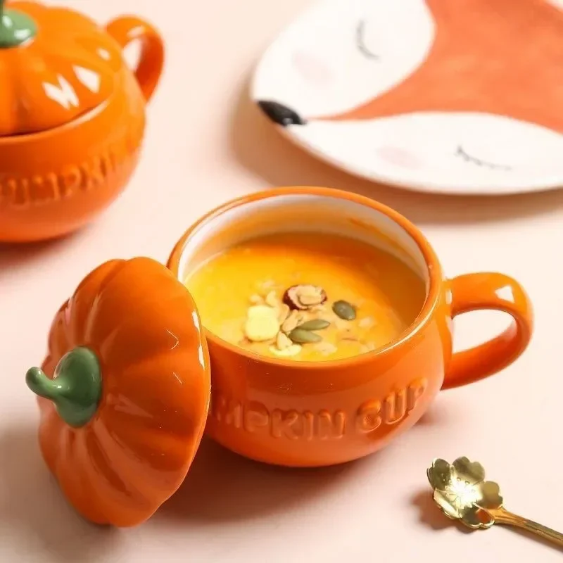 Kürbisbecher aus Keramik mit Deckel und Löffel, Kaffeetassen, Milchtee, Frühstück, kreatives Griffdesign, Geschenk, Trinkgeschirr, Küche, Halloween