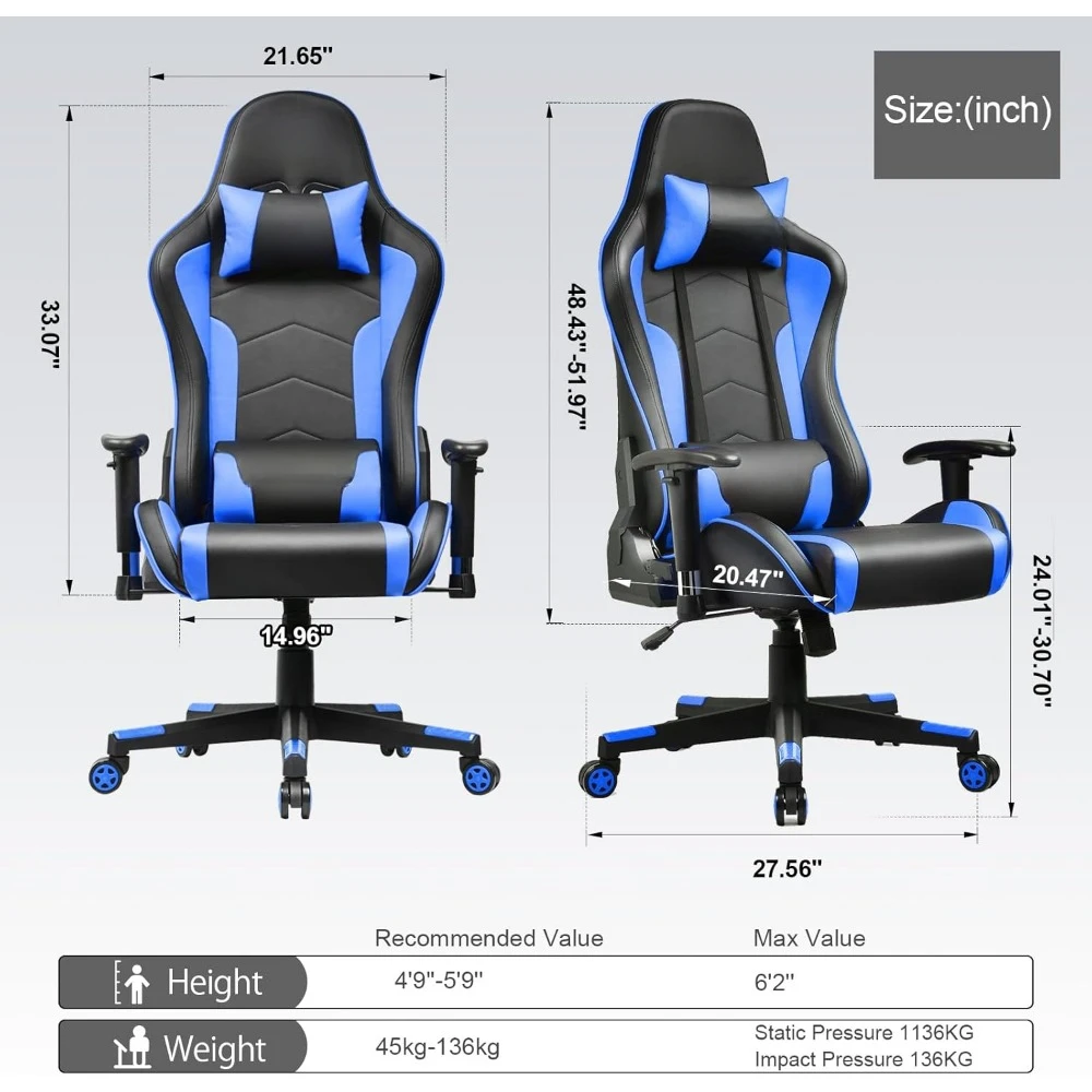 Gaming Chair with Speakers Bluetooth Music Video Game Chairs Audio Ergonomic Design Heavy Duty Office Computer Desk Chair（Blue）