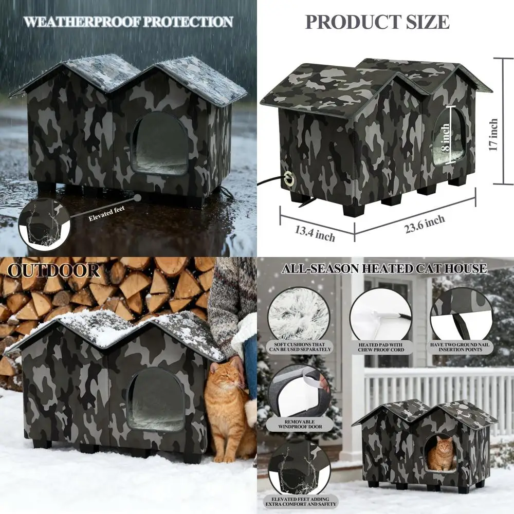 

Elevated Insulated Outdoor Cat House with Heated Pad, Weatherproof for Cats in Winter (Green, Large)