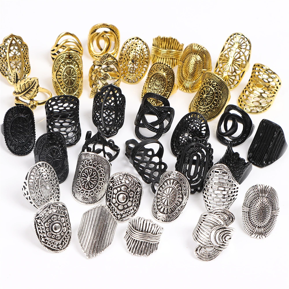 Wholesale 50pcs/Lots Vintage Mix Style Carved Flower Rings For Women Fashion Party Gift Jewelry