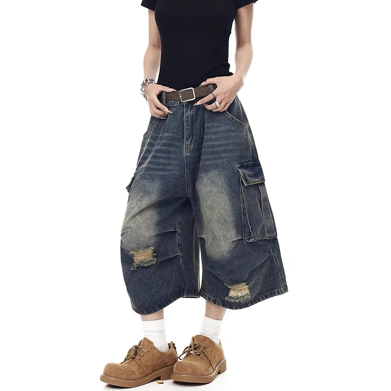 

ZHIZOU Vintage Y2K 2000s Ripped Denim Shorts Side Pocket Wide Leg Loose Cargo Shorts Streetwear Hip Hop Oversized Retro Shorts