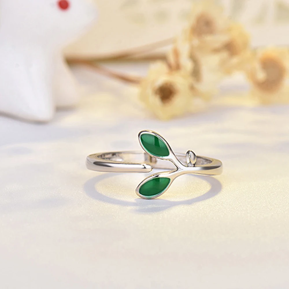 New 925 Silver Plated Women Ring Fashion individual Green Leaves Sprout Adjustable Index Finger Rings Jewelry Anniversary Gift