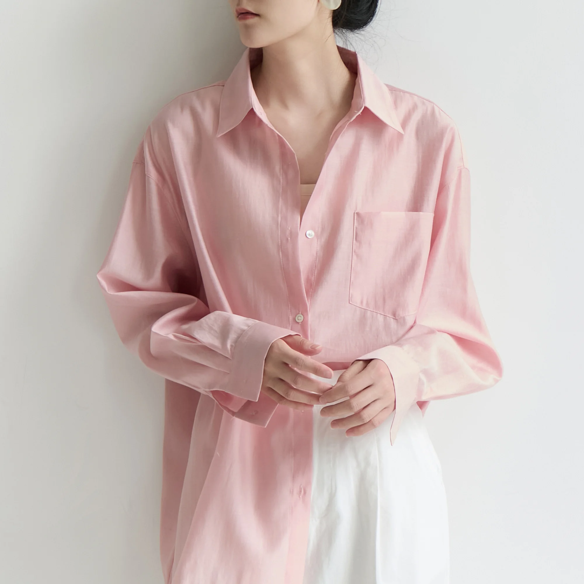 

Светло-розовая женская тонкая рубашка с длинным рукавом, весна-лето, новинка, прямой крой, классический однотонный дизайн, премиум-качество, для женщин.