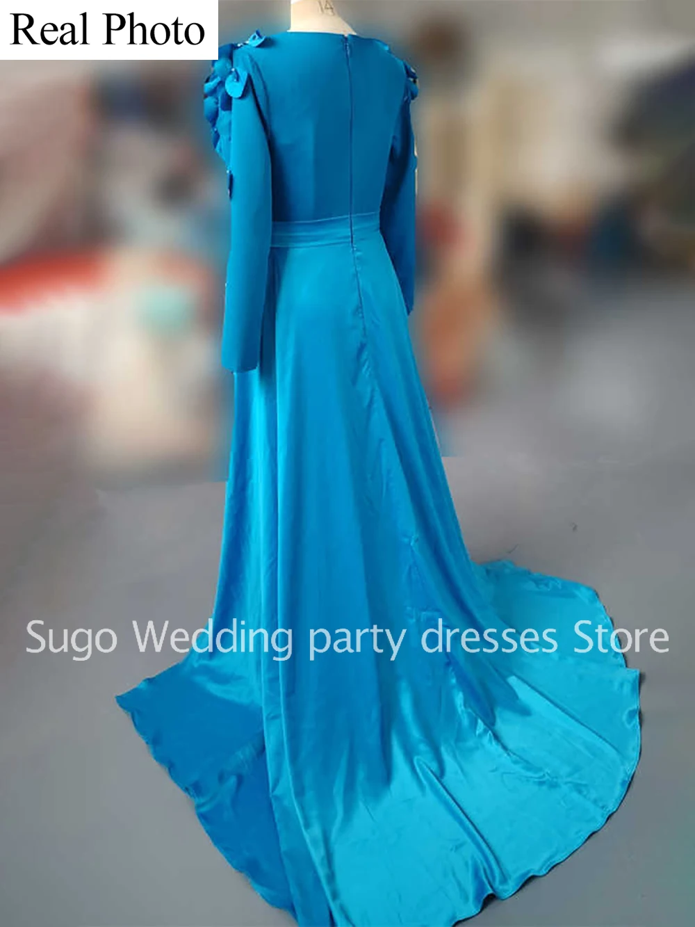 فساتين سهرة رسمية باللون الأزرق على شكل حرف v وأكمام طويلة مزينة بحورية البحر ذيل محكمة فساتين لحضور الحفلات الموسيقية مخصصة رداء السهرة