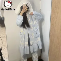 Sanrio Cinnamoroll Pajama Robeset Kawaii New Cartoon Winter Warm Plush Sleeping For Sleepwear Fluffy Home Pyjama Set Female Pjs