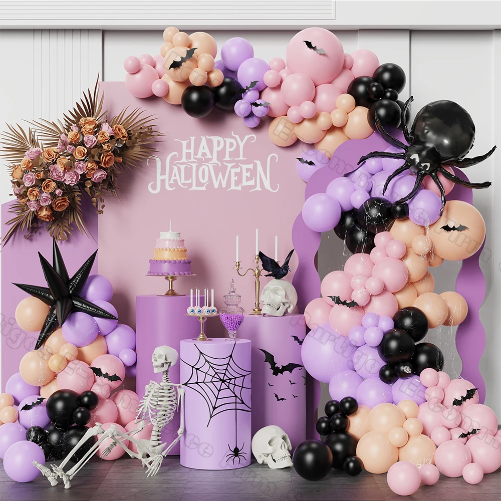 136pcs Pink Black Purple Halloween Balloon Garland Arch kit Scary Spider Foil Balloon 3D Bat Stickers Halloween Party Decoration