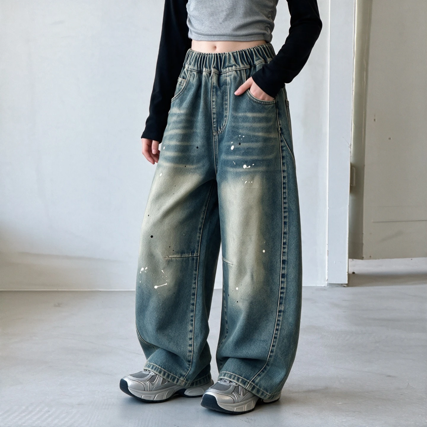 High Street Ink Splash Dirty Dye Distressed Design Scimitar Jeans for Girl American Style Straight Loose Casual Long Denim Pants