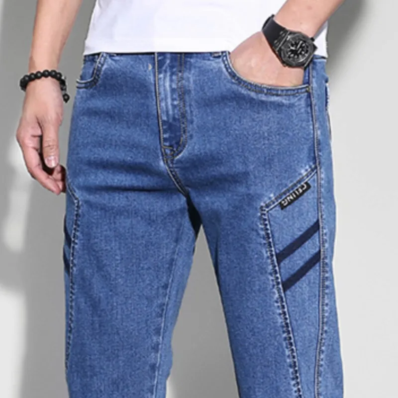 High Quality Design Men's Spliced Denim Jeans New Fashion Casual Stretch Slim Cotton Comfortable Blue Gray Denim Pants Dropship