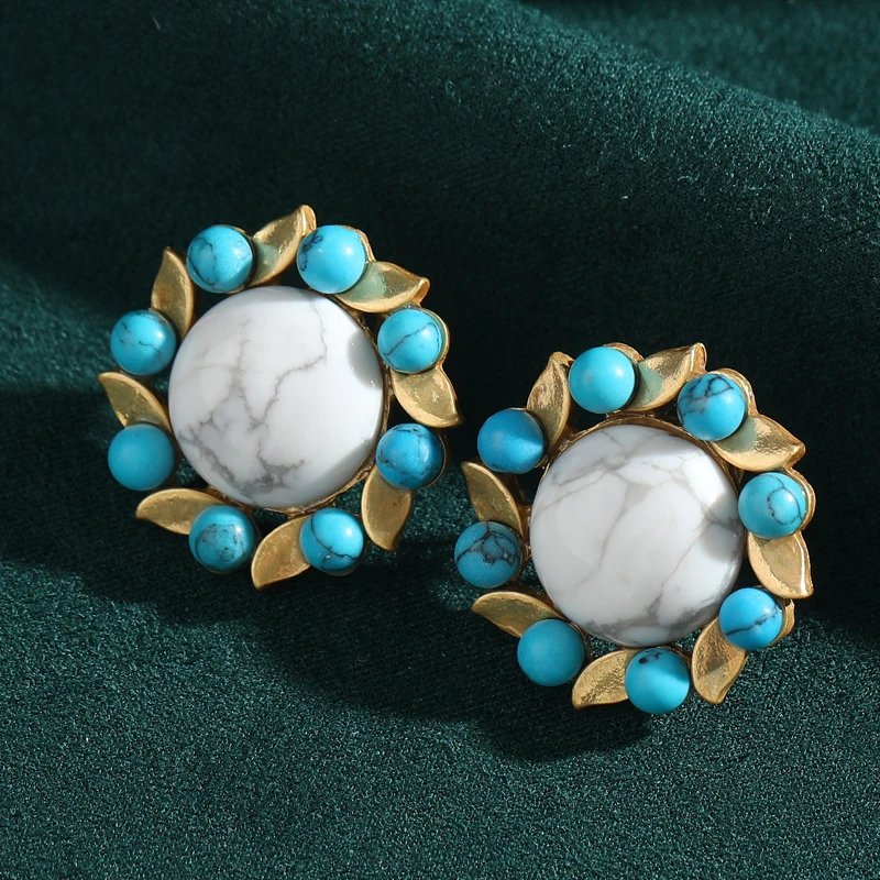 

Vintage Natural White Turquoise Earrings Blue Antique Gold Color Flower Round Bohemian Jewelry Luxury High Quality Designer 2025