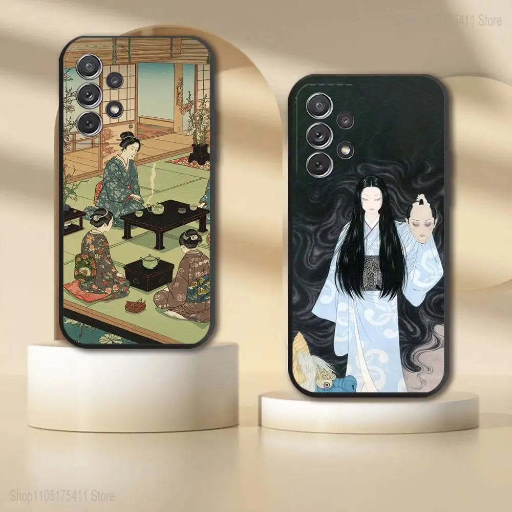 J-Japan 스타일 우키요에 전화 케이스 삼성 S 25,24,23,22,30,21,10,9,Ultra,Plus,Lite,FE,4,5G 블랙 소프트 케이스