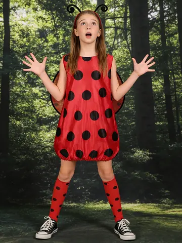 Girls Ladybug Halloween Costume, includes dress, wings, headband and leg covers for themed party dress‑up.