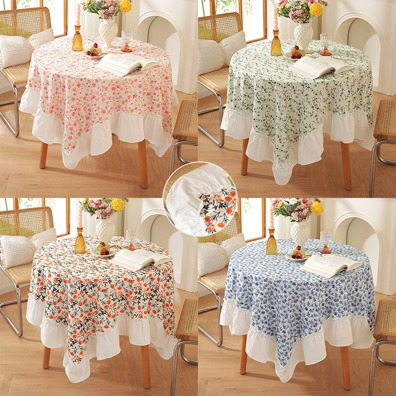 

1PC Vintage Pastoral Tablecloth Dust-Proof Table Cover Skirt with Lotus Leaf Edge for Kitchen Wedding Balcony Garden Table Decor