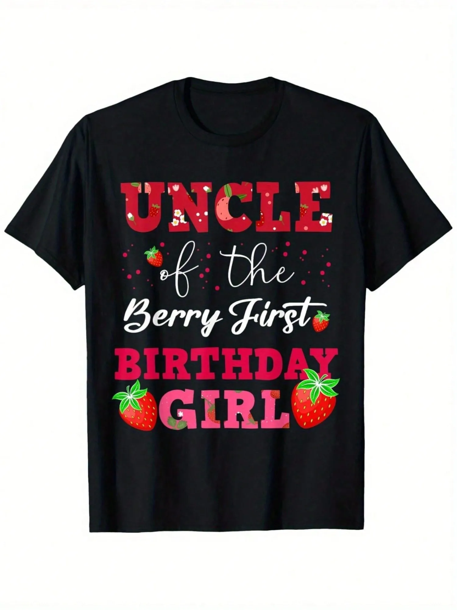 

Uncle Of The Berry First Birthday Strawberry Family Matching T-Shirt - 100% Cotton, Black With Red Strawberry Design