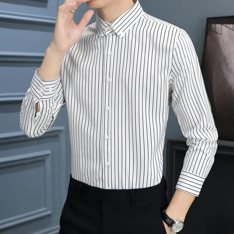 Spring Autumn Men's Long Sleeve Striped Shirt Fashion Slim Fit Handsome Business Casual Workwear Striped Long Sleeve Shirt
