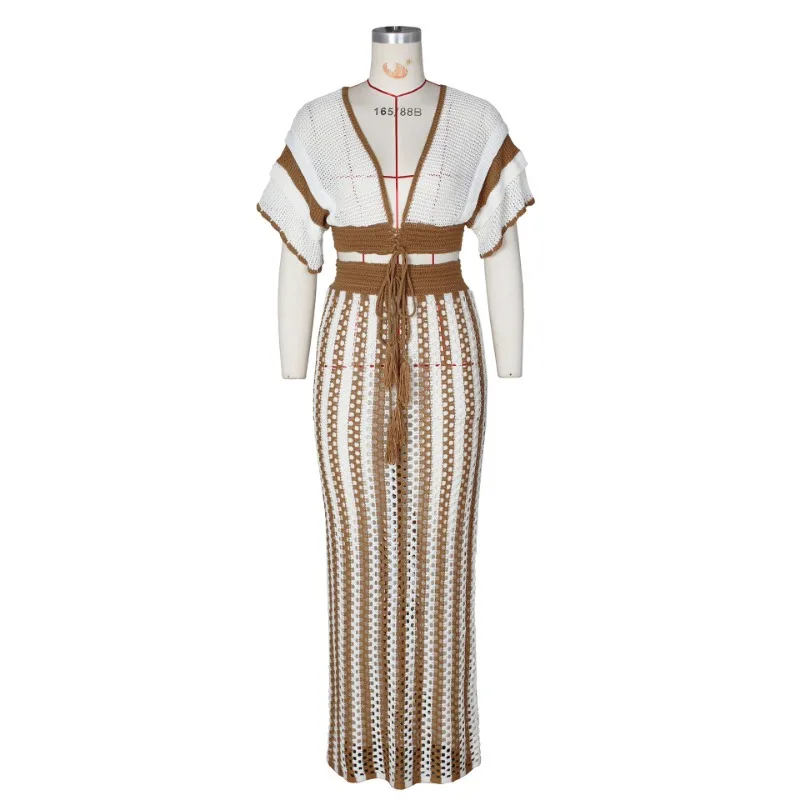 2024 Summer Elegant Striped Knitted Contrast Colors 2 Piece Set Women Sexy V Neck Bandage Crop Tops Hollow Long Skirt Streetwear