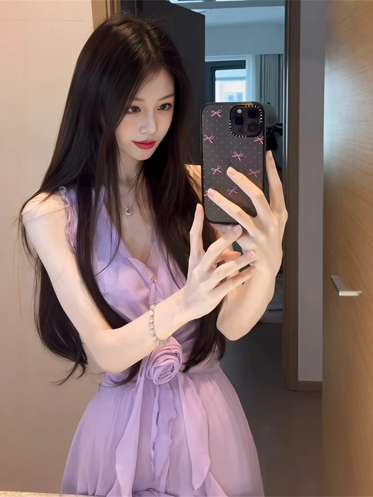 

Elegant Purple Dress Women's Unique Design Beautiful Holiday Style Sleeveless A-Line Skirt Soft Pure Color Spring Summer