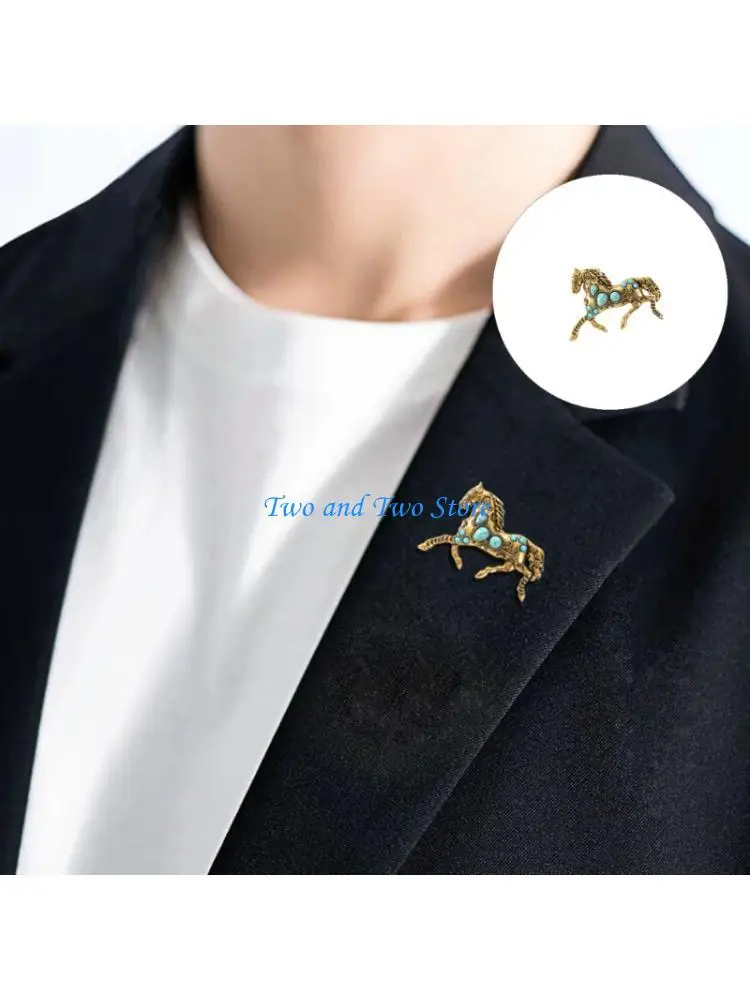

HX6F 2026 Year Alloy Horse Brooch with Simulated Turquoise Detail Lightweight Wear Versatile Chest Pin Scarf Accessory