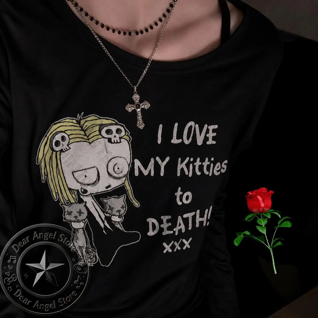 Women Top Y2k Clothing Anime Girl 2000s Clothes Y2k Tops Shoujo Girl Style I Love My Kitties To Death Cartoon Long Sleeve Tee