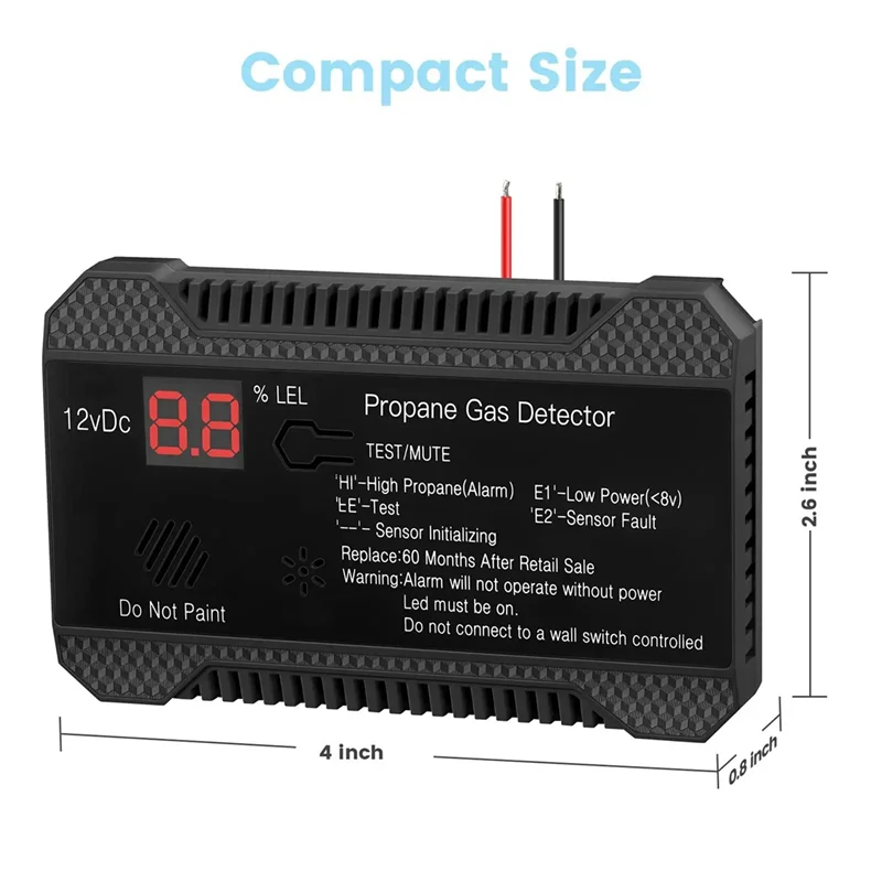 เครื่องตรวจจับโพรเพน12V LPG เครื่องตรวจจับแก๊สรั่ว85DB เตือนแก๊สรั่วของไซเรนสำหรับรถบ้าน RV เครื่องทดสอบโพรเพนดิจิตอล (สีดำ)