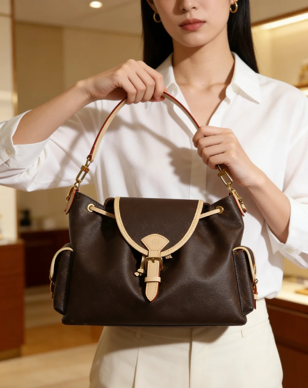 

Винтажная коричневая сумка-ведро из натуральной кожи с верхней ручкой для женщин, модная сумка-мешок на шнурке с регулируемым ремнем для повседневного использования