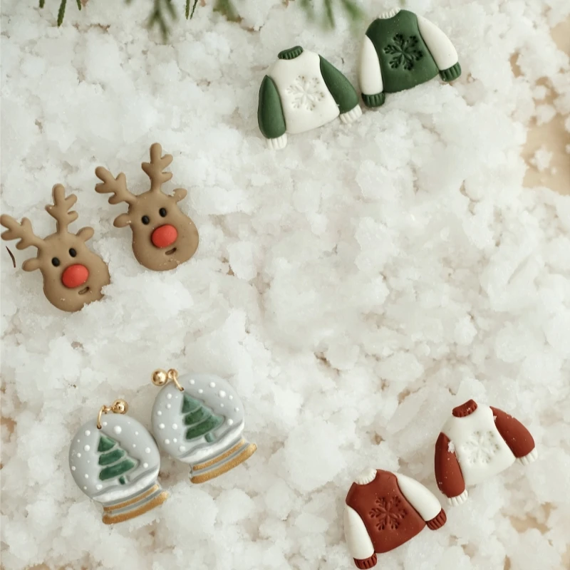 Soft Pottery Polymer Clay Mold Christmas Series Cute Deer/Small Tree Crystal Ball/Printed Sweater Earring Jewelry Pendant Making