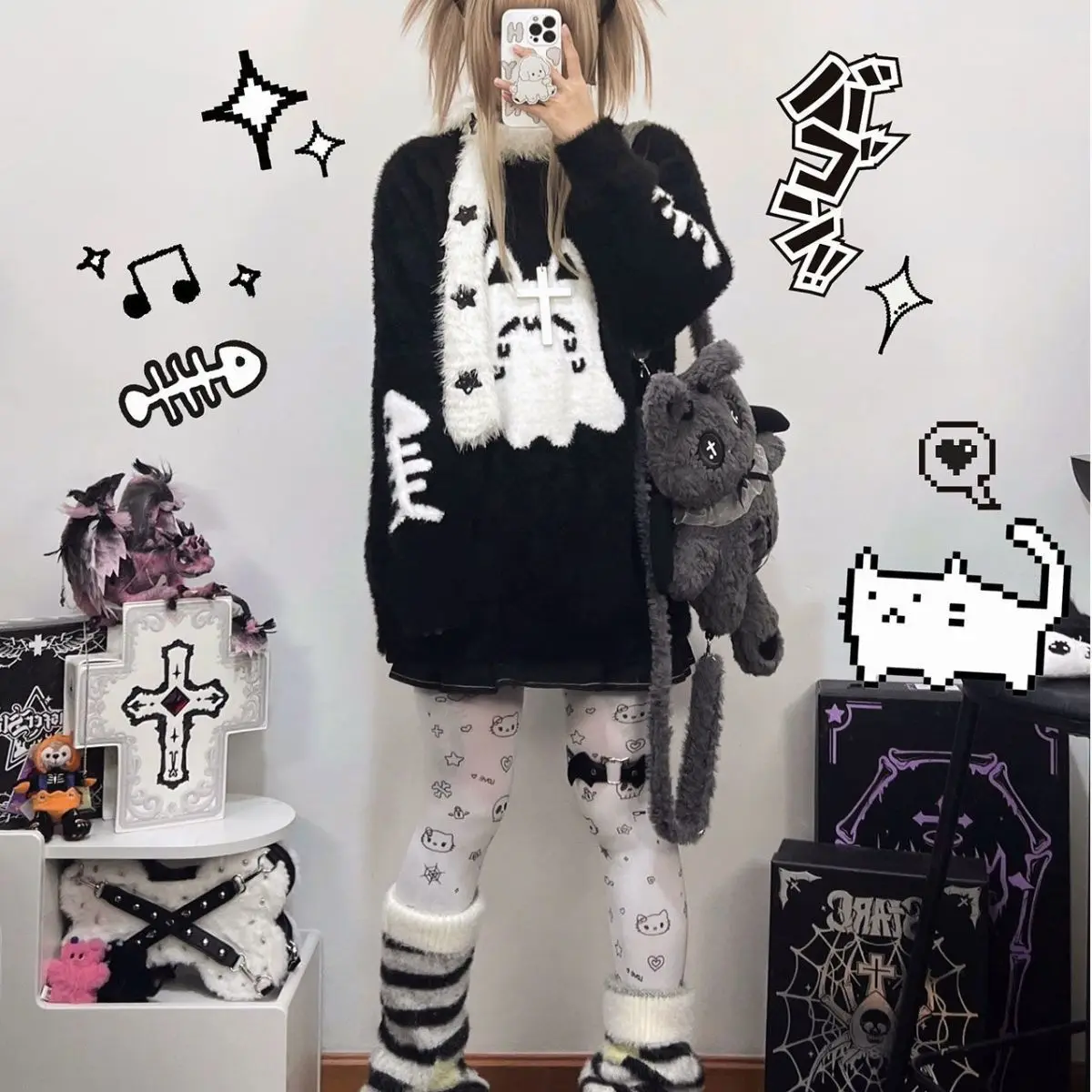 

Dark Demon Ghost Round Neck Knitted Sweater Women Autumn Winter New Lazy Style Loose Layered Long Sleeve Top