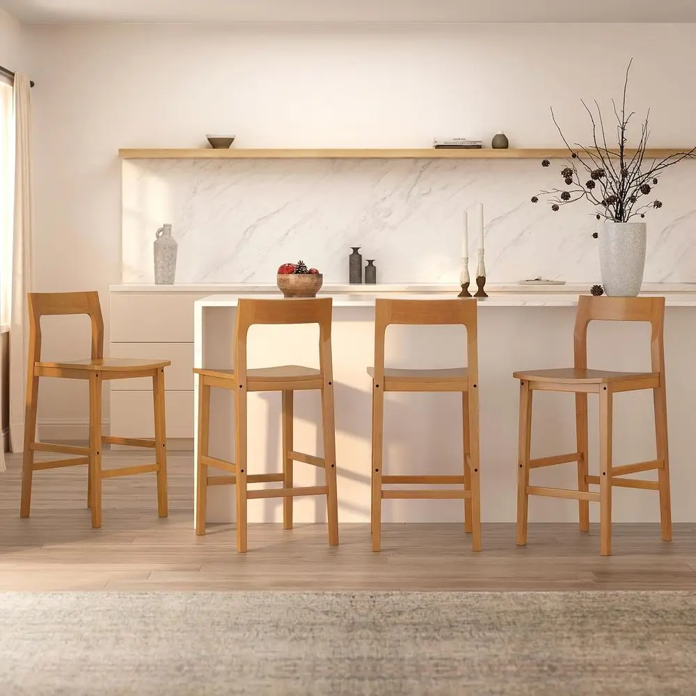 Conjunto de 4 bancos de bar modernos de madeira com altura de balcão, cadeiras sem braços estilo fazenda com encosto e apoio para os pés, acabamento em carvalho escuro para Ki