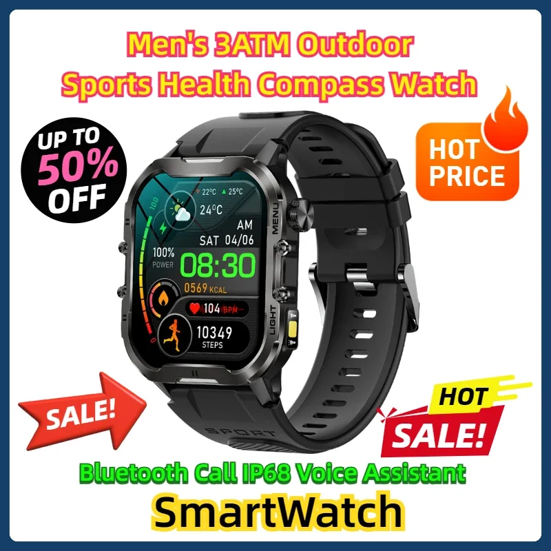 IP68 Voice Assistant SmartWatch SmartWatch Men's 3ATM Outdoor Sports Health Compass Watch Men's Bluetooth Call