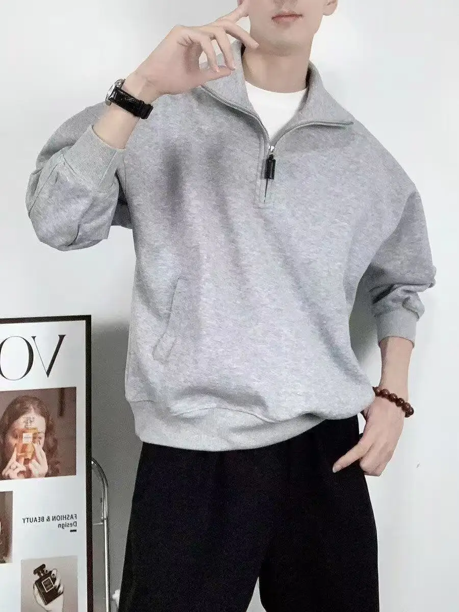 الخريف الشتاء الرجال نصف البريدي الوقوف الياقة طويلة الأكمام البلوز ملابس رياضية كاجوال دافئة مريحة فضفاضة البلوز سترة