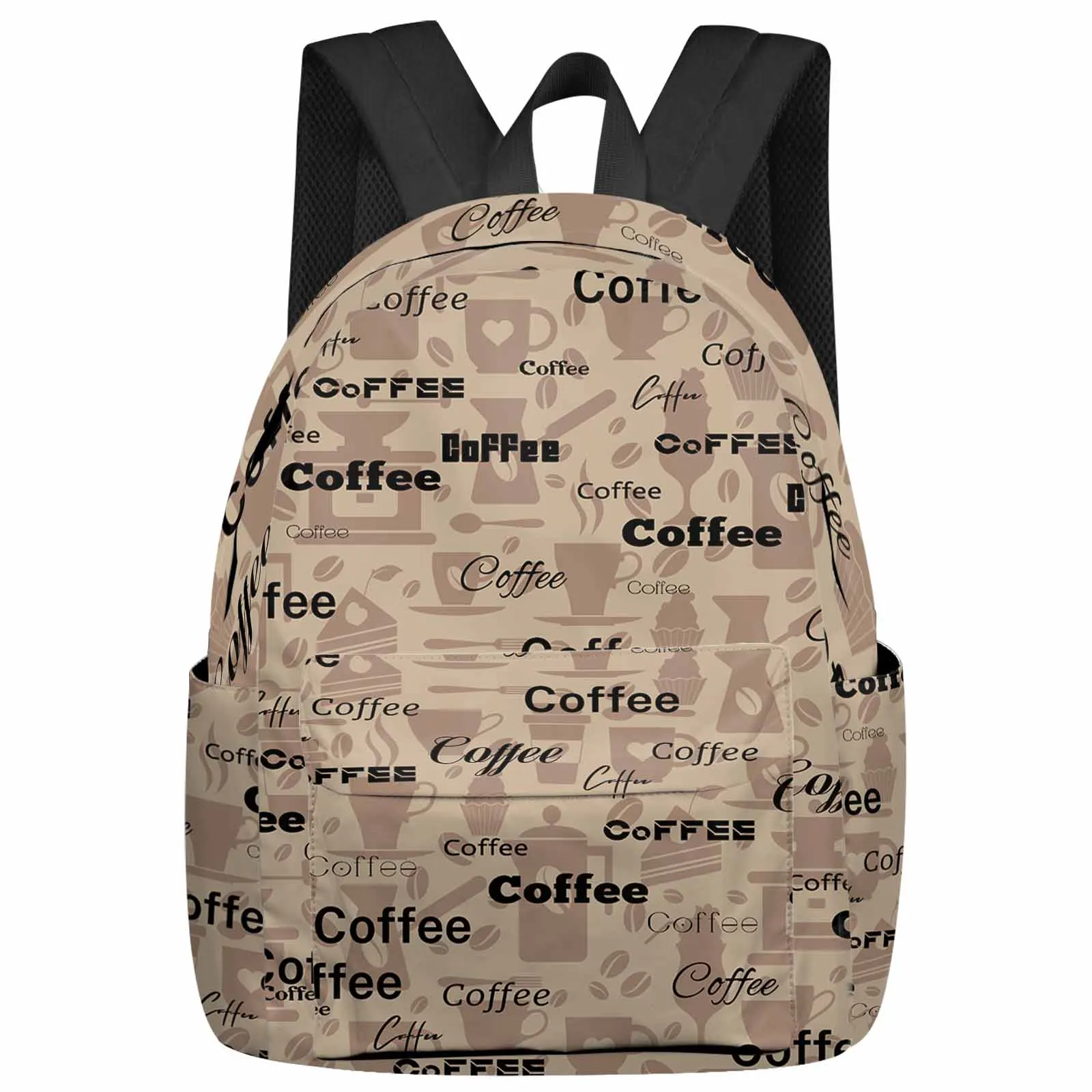 

Coffee Text Pattern Large Capacity Multi Pocket Travel Backpacks Schoolbag For Teenager Women Laptop Rucksack